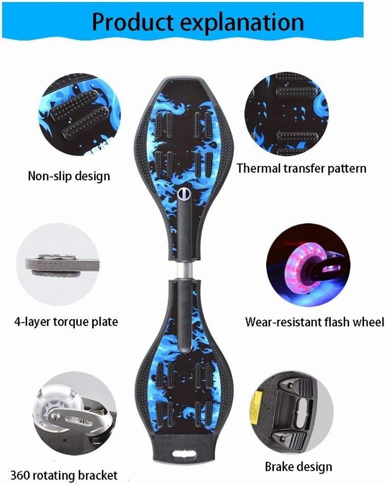 2 Wheel Twisty Caster Board,Complete Skateboards- Standard Skateboards with Colorful Flashing Wheels for Beginners Starter Kids Boys Girls Teenager-32.2x8.6inch, Longboard Skateboards