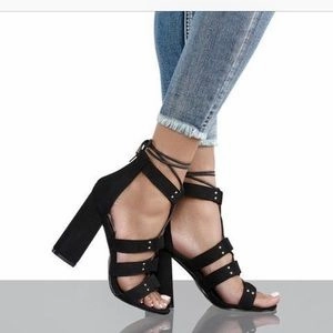 Black String up Block Heels