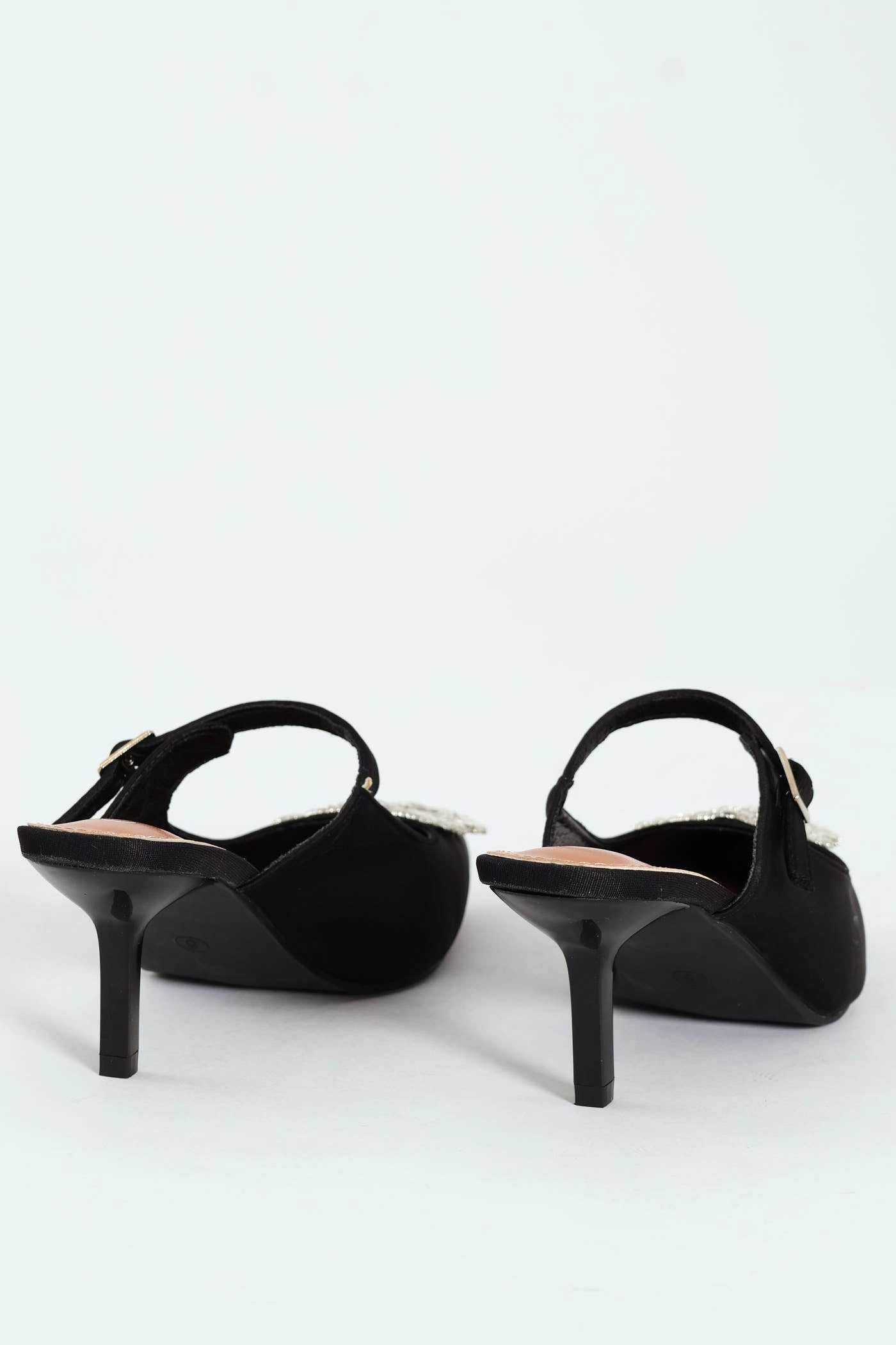 Circle Diamante Trim Pointy Kitten Mule Heel - Black