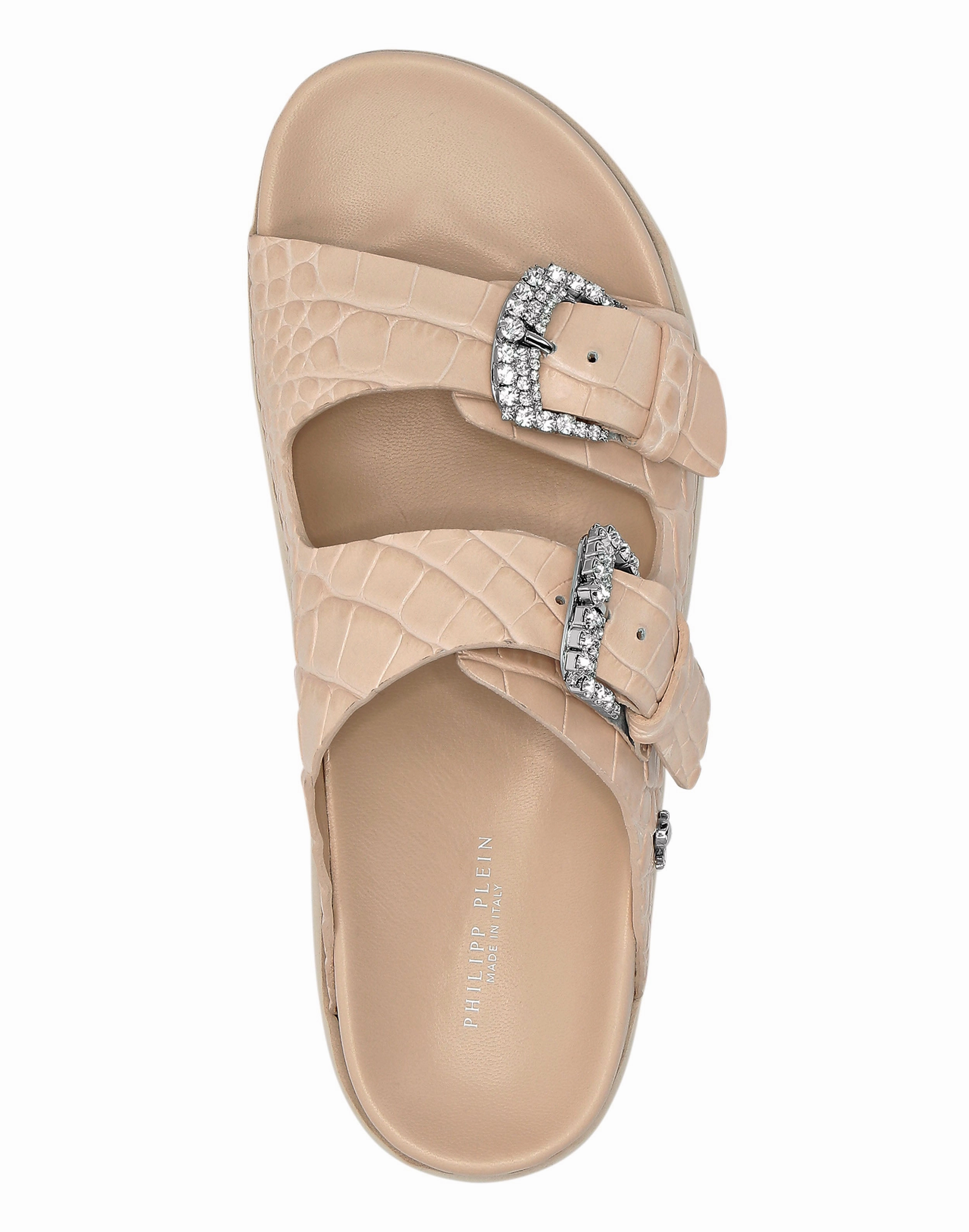 Croco Printed Leather Sandals Flat Crystal