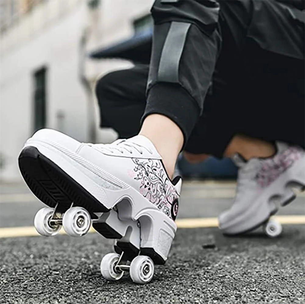 Double deform Wheel Automatic Walking Shoes Male and Female Skating Shoes Adult Children's Roller Shoes 2 in 1 Removable Pulley Skate Shoes