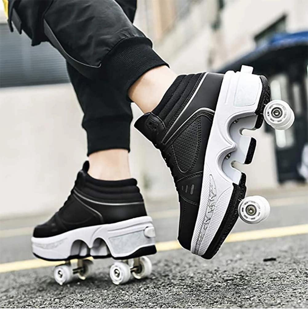 Double deform Wheel Automatic Walking Shoes Male and Female Skating Shoes Adult Children's Roller Shoes 2 in 1 Removable Pulley Skate Shoes