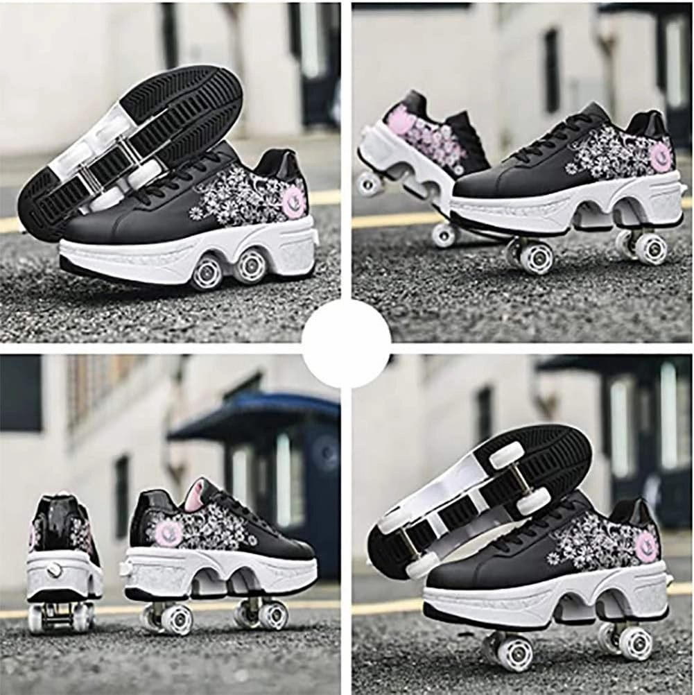 Double deform Wheel Automatic Walking Shoes Male and Female Skating Shoes Adult Children's Roller Shoes 2 in 1 Removable Pulley Skate Shoes
