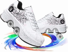 Double deform Wheel Automatic Walking Shoes Male and Female Skating Shoes Adult Children's Roller Shoes 2 in 1 Removable Pulley Skate Shoes