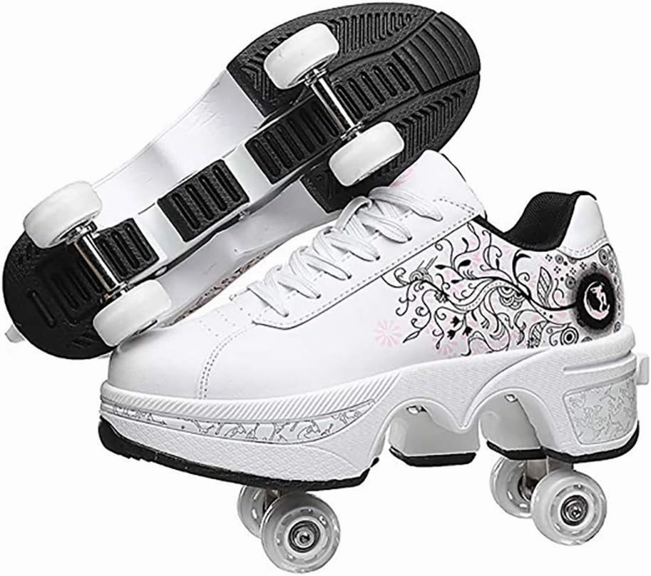 Double deform Wheel Automatic Walking Shoes Male and Female Skating Shoes Adult Children's Roller Shoes 2 in 1 Removable Pulley Skate Shoes