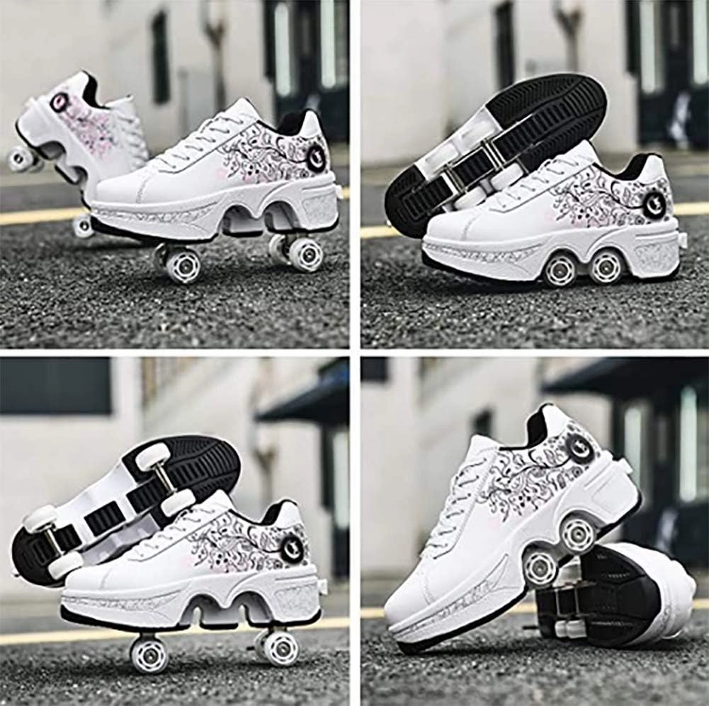 Double deform Wheel Automatic Walking Shoes Male and Female Skating Shoes Adult Children's Roller Shoes 2 in 1 Removable Pulley Skate Shoes