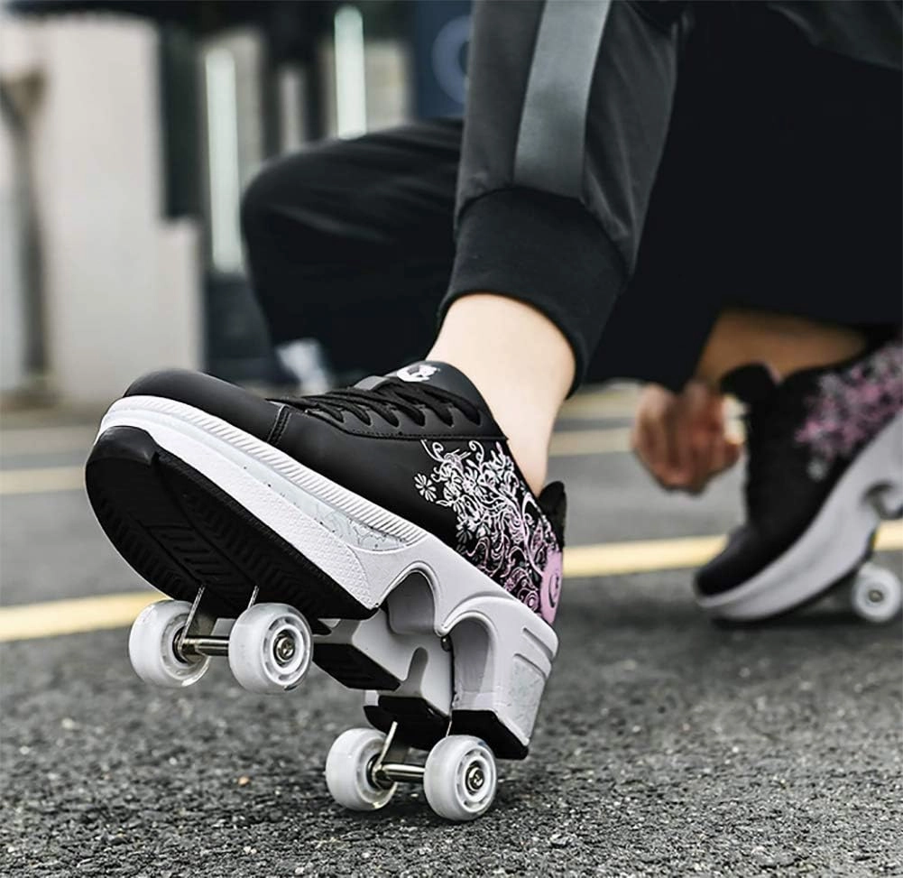 Double deform Wheel Automatic Walking Shoes Male and Female Skating Shoes Adult Children's Roller Shoes 2 in 1 Removable Pulley Skate Shoes