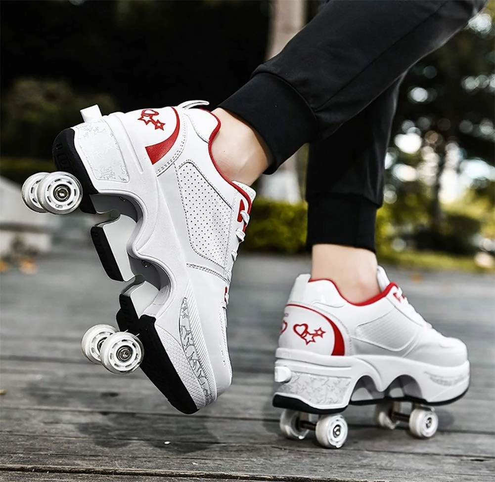 Double deform Wheel Automatic Walking Shoes Male and Female Skating Shoes Adult Children's Roller Shoes 2 in 1 Removable Pulley Skate Shoes