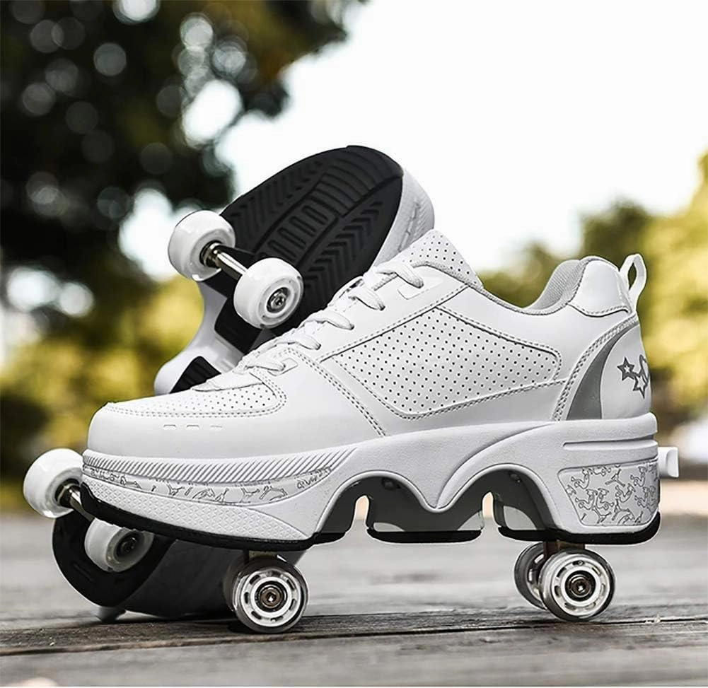 Double deform Wheel Automatic Walking Shoes Male and Female Skating Shoes Adult Children's Roller Shoes 2 in 1 Removable Pulley Skate Shoes