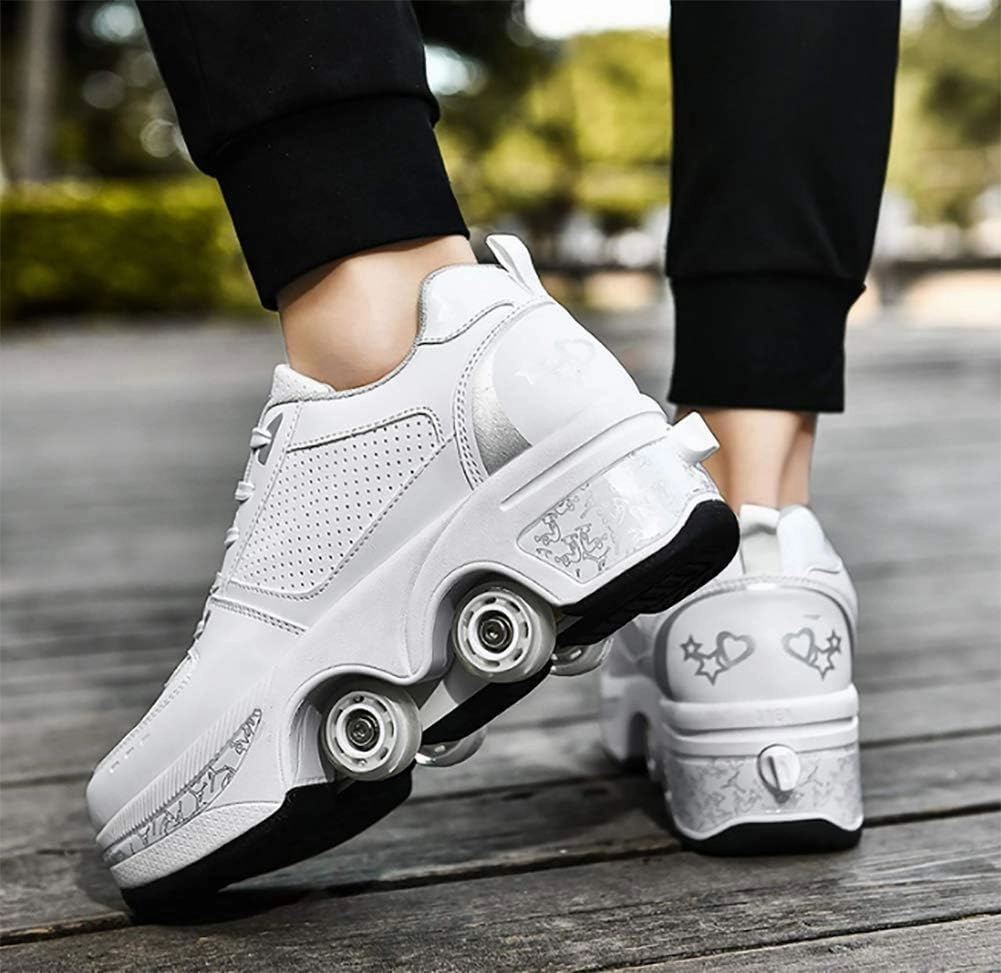 Double deform Wheel Automatic Walking Shoes Male and Female Skating Shoes Adult Children's Roller Shoes 2 in 1 Removable Pulley Skate Shoes