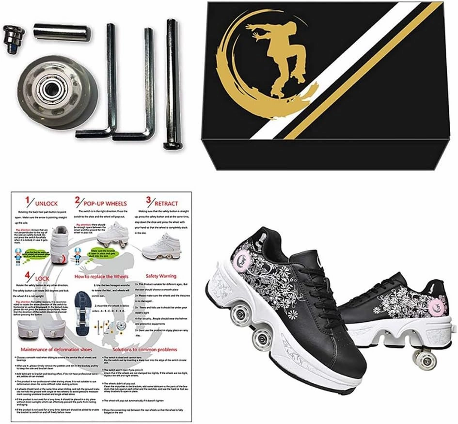 Double deform Wheel Automatic Walking Shoes Male and Female Skating Shoes Adult Children's Roller Shoes 2 in 1 Removable Pulley Skate Shoes