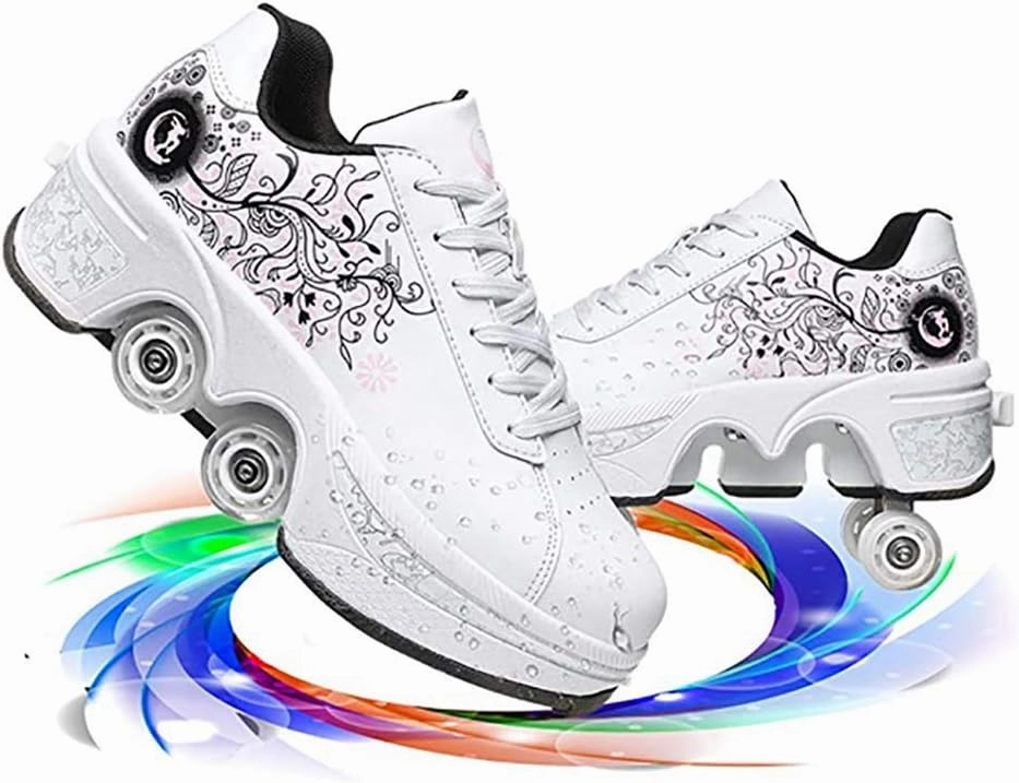 Double deform Wheel Automatic Walking Shoes Male and Female Skating Shoes Adult Children's Roller Shoes 2 in 1 Removable Pulley Skate Shoes