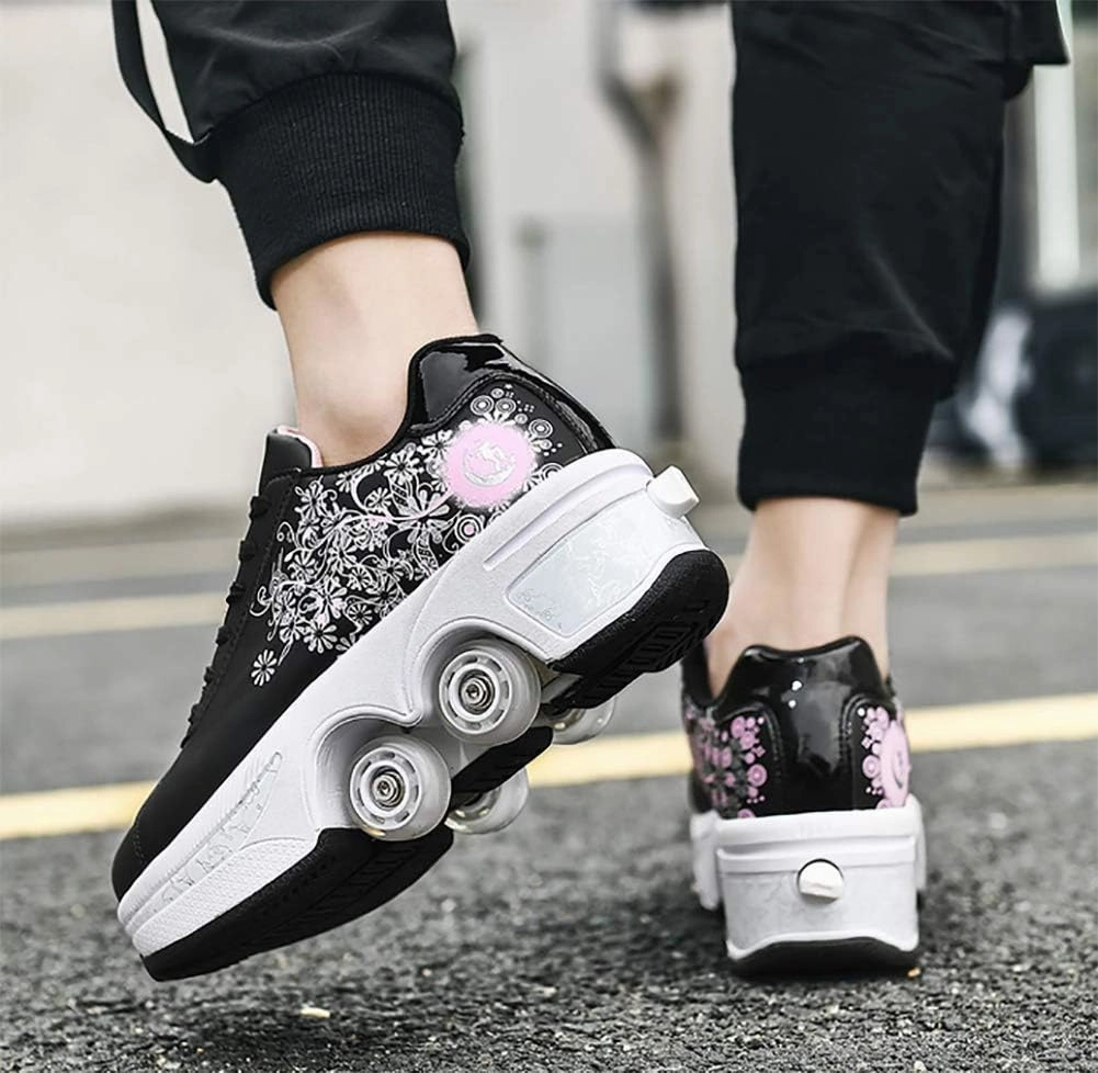 Double deform Wheel Automatic Walking Shoes Male and Female Skating Shoes Adult Children's Roller Shoes 2 in 1 Removable Pulley Skate Shoes