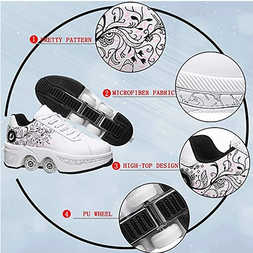 Double deform Wheel Automatic Walking Shoes Male and Female Skating Shoes Adult Children's Roller Shoes 2 in 1 Removable Pulley Skate Shoes
