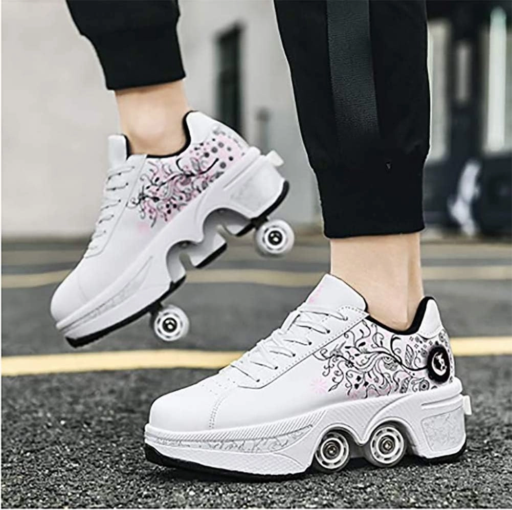 Double deform Wheel Automatic Walking Shoes Male and Female Skating Shoes Adult Children's Roller Shoes 2 in 1 Removable Pulley Skate Shoes