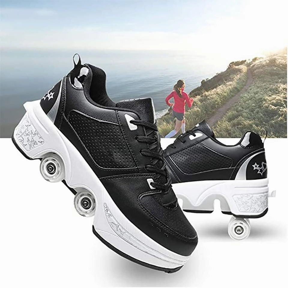 Double deform Wheel Automatic Walking Shoes Male and Female Skating Shoes Adult Children's Roller Shoes 2 in 1 Removable Pulley Skate Shoes