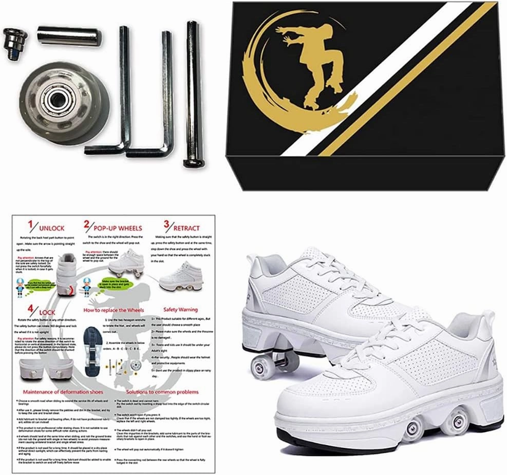 Double-Row Deform Wheel Automatic Walking Shoes Invisible Deformation Roller Skate Male and Female Skating Shoes 2 in 1 Removable Pulley Skate Shoes Recreation Sneakers