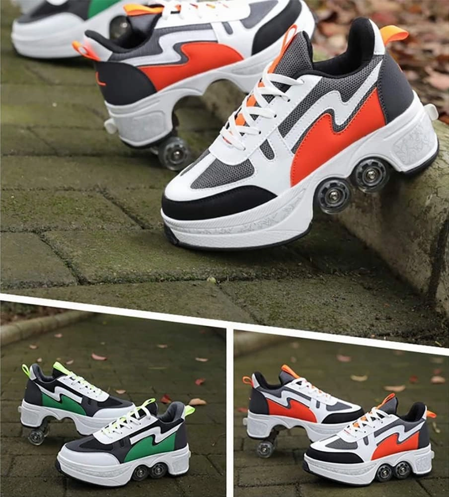 Double-Row Deform Wheel Automatic Walking Shoes Invisible Deformation Roller Skate Male and Female Skating Shoes 2 in 1 Removable Pulley Skate Shoes Recreation Sneakers