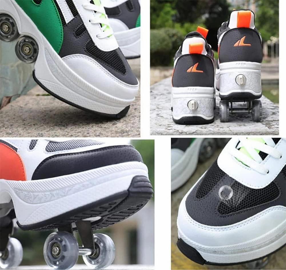 Double-Row Deform Wheel Automatic Walking Shoes Invisible Deformation Roller Skate Male and Female Skating Shoes 2 in 1 Removable Pulley Skate Shoes Recreation Sneakers