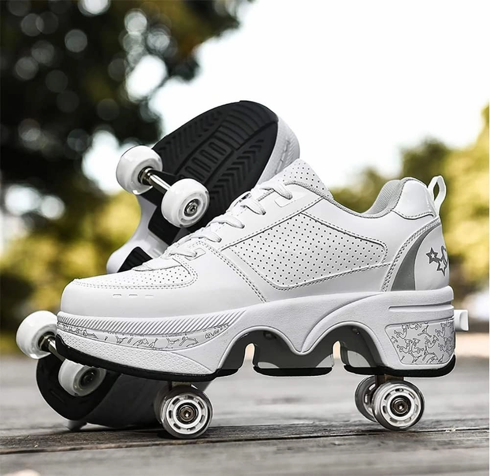 Double-Row Deform Wheel Automatic Walking Shoes Invisible Deformation Roller Skate Male and Female Skating Shoes 2 in 1 Removable Pulley Skate Shoes Recreation Sneakers