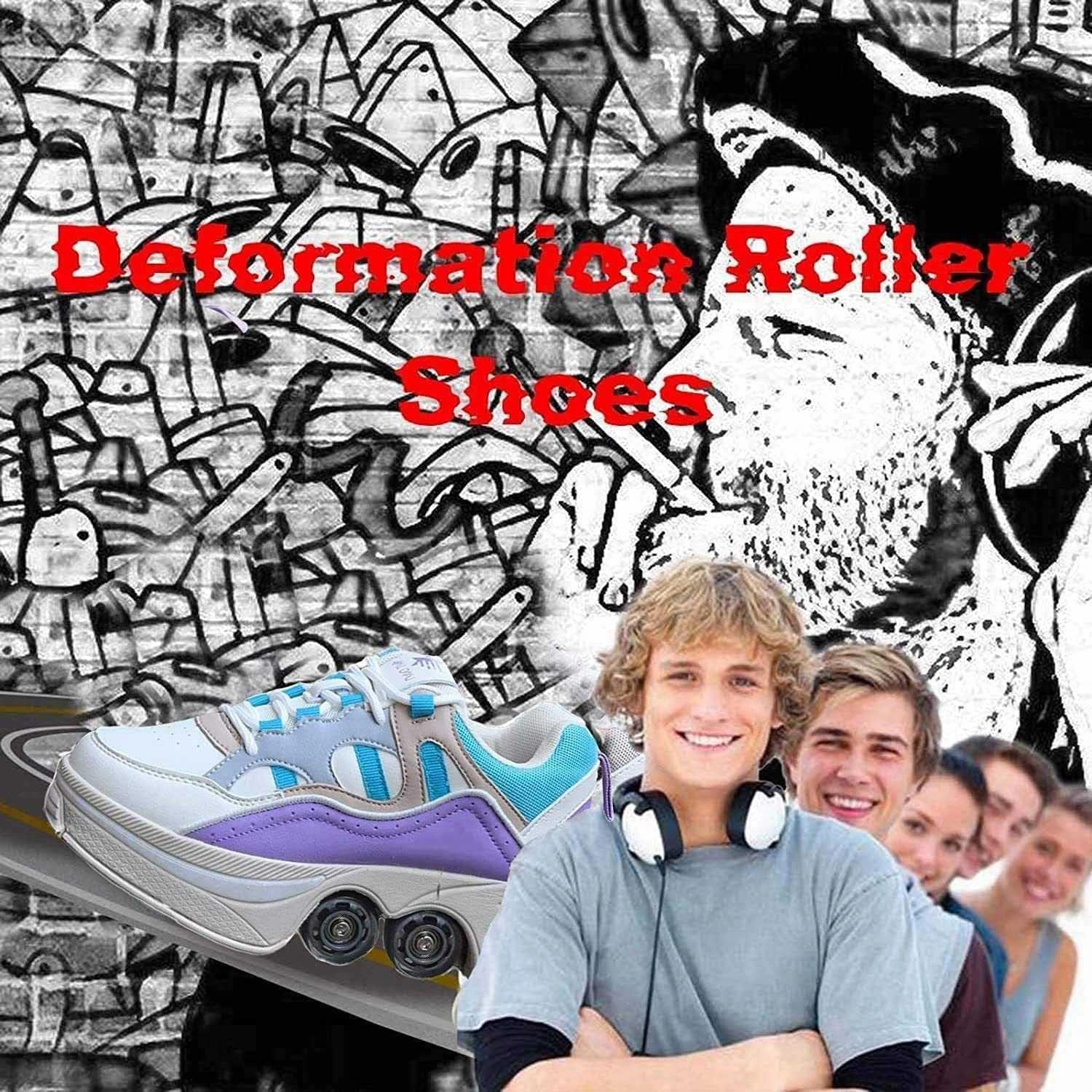 Double-Row Deform Wheel Automatic Walking Shoes Invisible Deformation Roller Skate Male and Female Skating Shoes 2 in 1 Removable Pulley Skate Shoes Recreation Sneakers