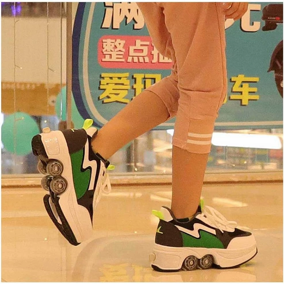 Double-Row Deform Wheel Automatic Walking Shoes Invisible Deformation Roller Skate Male and Female Skating Shoes 2 in 1 Removable Pulley Skate Shoes Recreation Sneakers