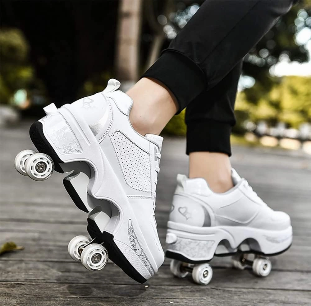 Double-Row Deform Wheel Automatic Walking Shoes Invisible Deformation Roller Skate Male and Female Skating Shoes 2 in 1 Removable Pulley Skate Shoes Recreation Sneakers