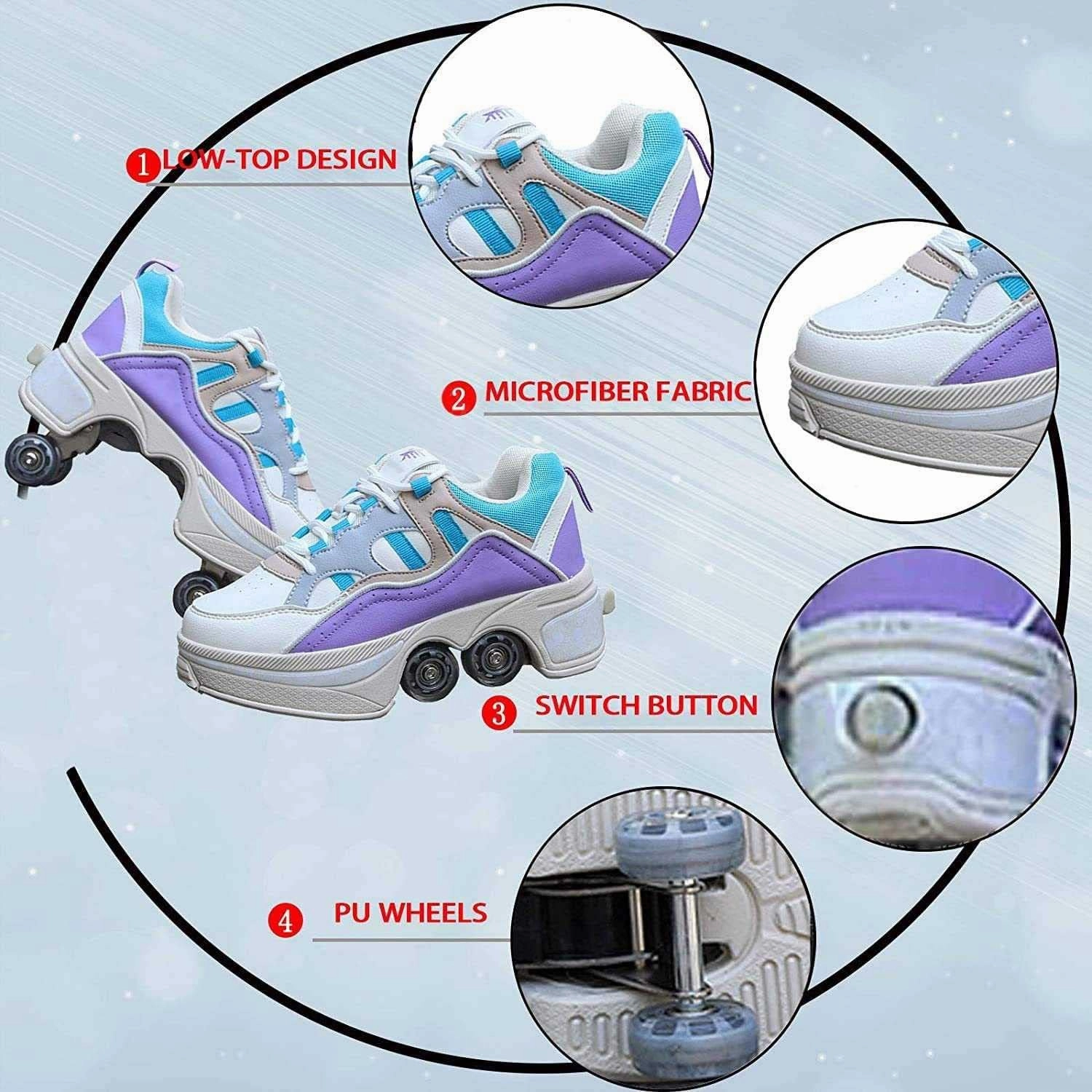 Double-Row Deform Wheel Automatic Walking Shoes Invisible Deformation Roller Skate Male and Female Skating Shoes 2 in 1 Removable Pulley Skate Shoes Recreation Sneakers