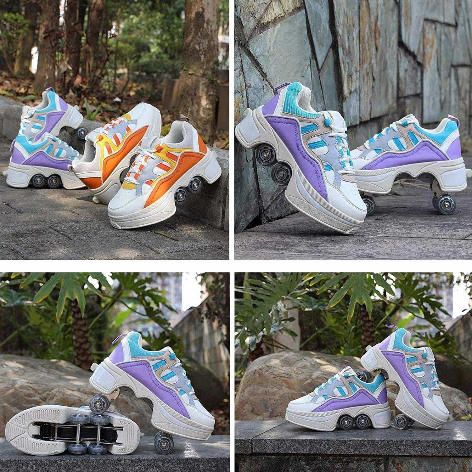Double-Row Deform Wheel Automatic Walking Shoes Invisible Deformation Roller Skate Male and Female Skating Shoes 2 in 1 Removable Pulley Skate Shoes Recreation Sneakers