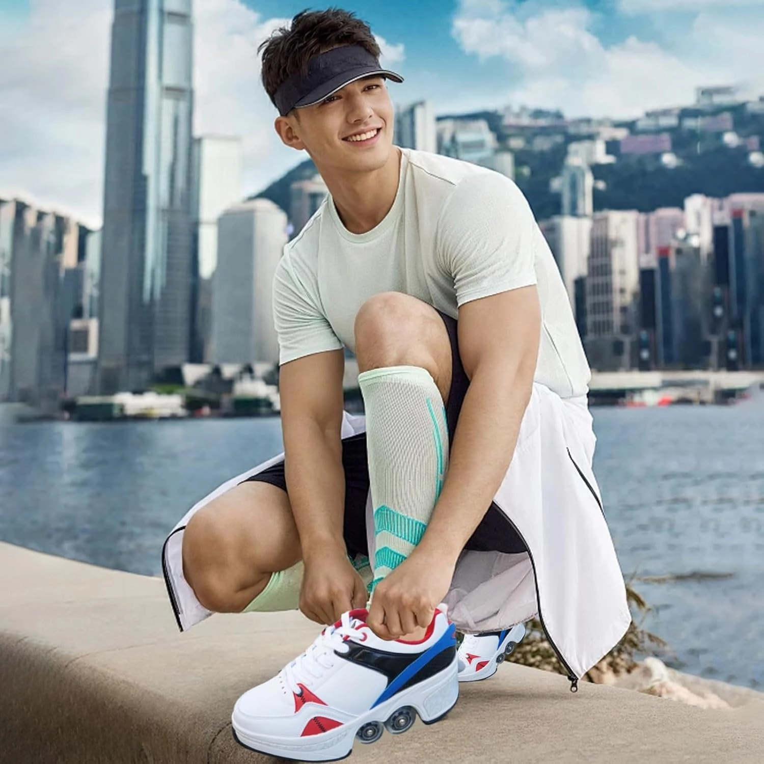 Double-Row Deform Wheel Automatic Walking Shoes Invisible Deformation Roller Skate Male and Female Skating Shoes 2 in 1 Removable Pulley Skate Shoes Recreation Sneakers