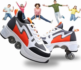Double-Row Deform Wheel Automatic Walking Shoes Invisible Deformation Roller Skate Male and Female Skating Shoes 2 in 1 Removable Pulley Skate Shoes Recreation Sneakers