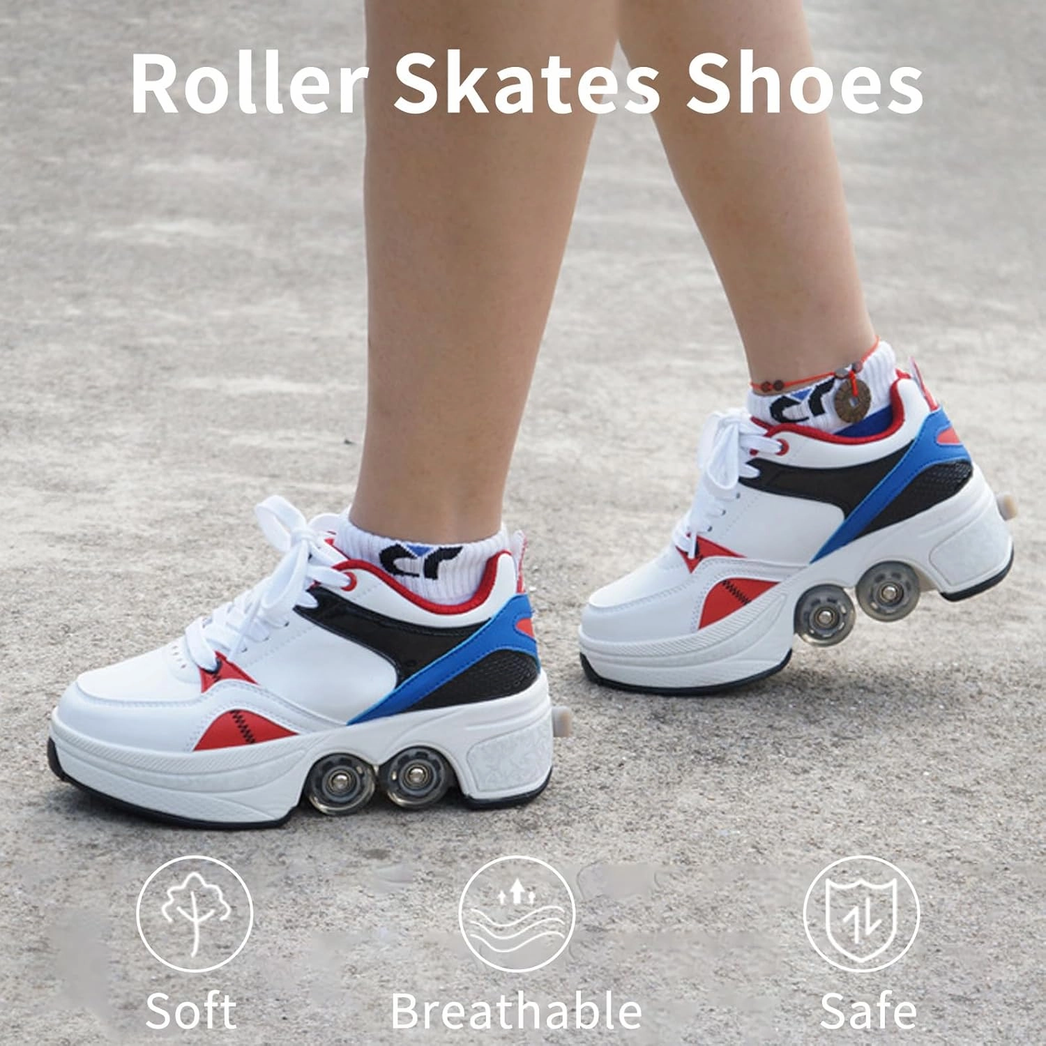 Double-Row Deform Wheel Automatic Walking Shoes Invisible Deformation Roller Skate Male and Female Skating Shoes 2 in 1 Removable Pulley Skate Shoes Recreation Sneakers