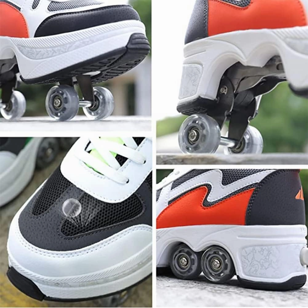 Double-Row Deform Wheel Automatic Walking Shoes Invisible Deformation Roller Skate Male and Female Skating Shoes 2 in 1 Removable Pulley Skate Shoes Recreation Sneakers
