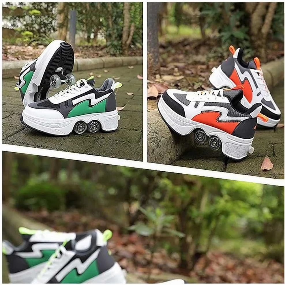 Double-Row Deform Wheel Automatic Walking Shoes Invisible Deformation Roller Skate Male and Female Skating Shoes 2 in 1 Removable Pulley Skate Shoes Recreation Sneakers