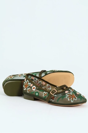 Embroidered Mesh Mary Jane Pump - Olive