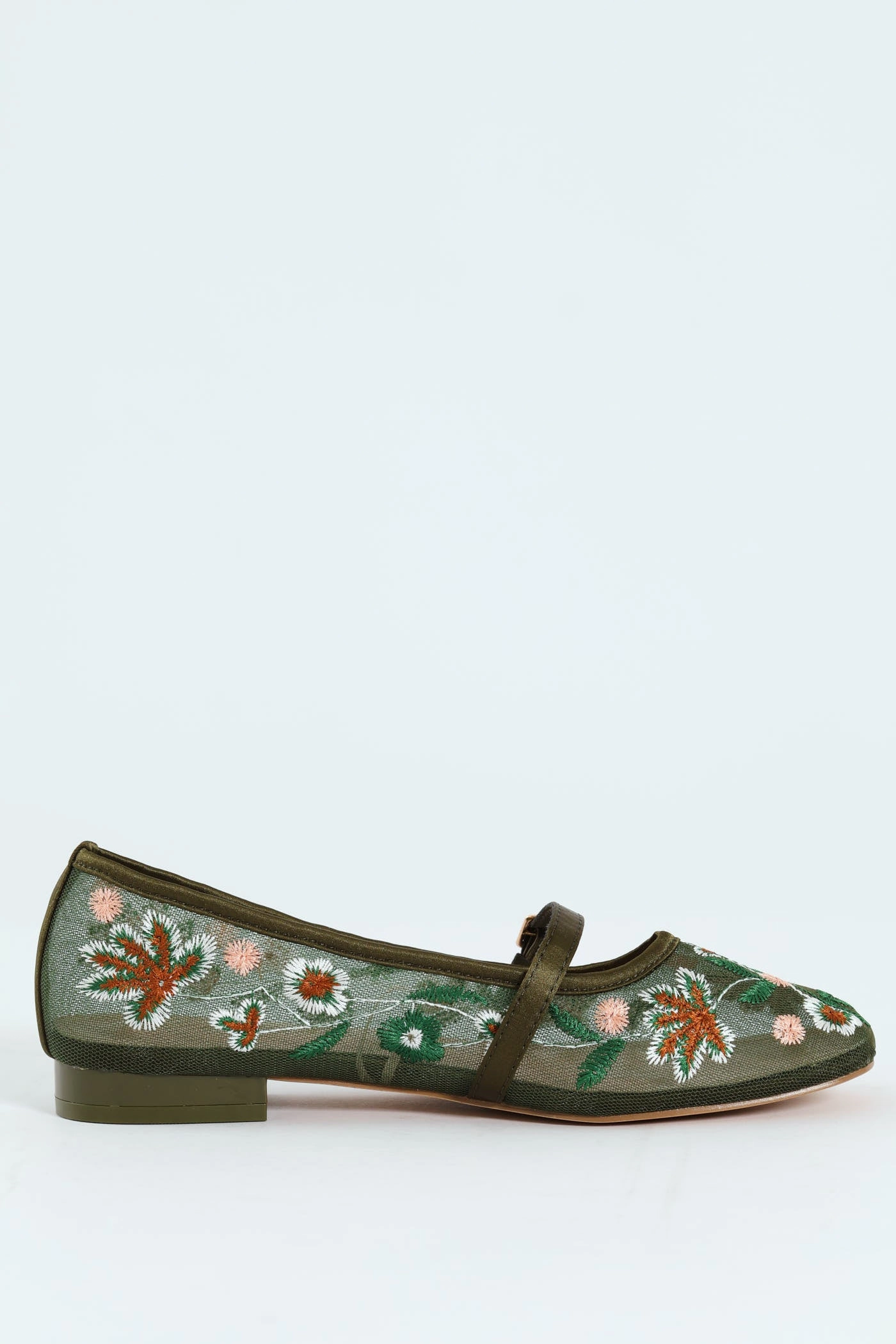 Embroidered Mesh Mary Jane Pump - Olive