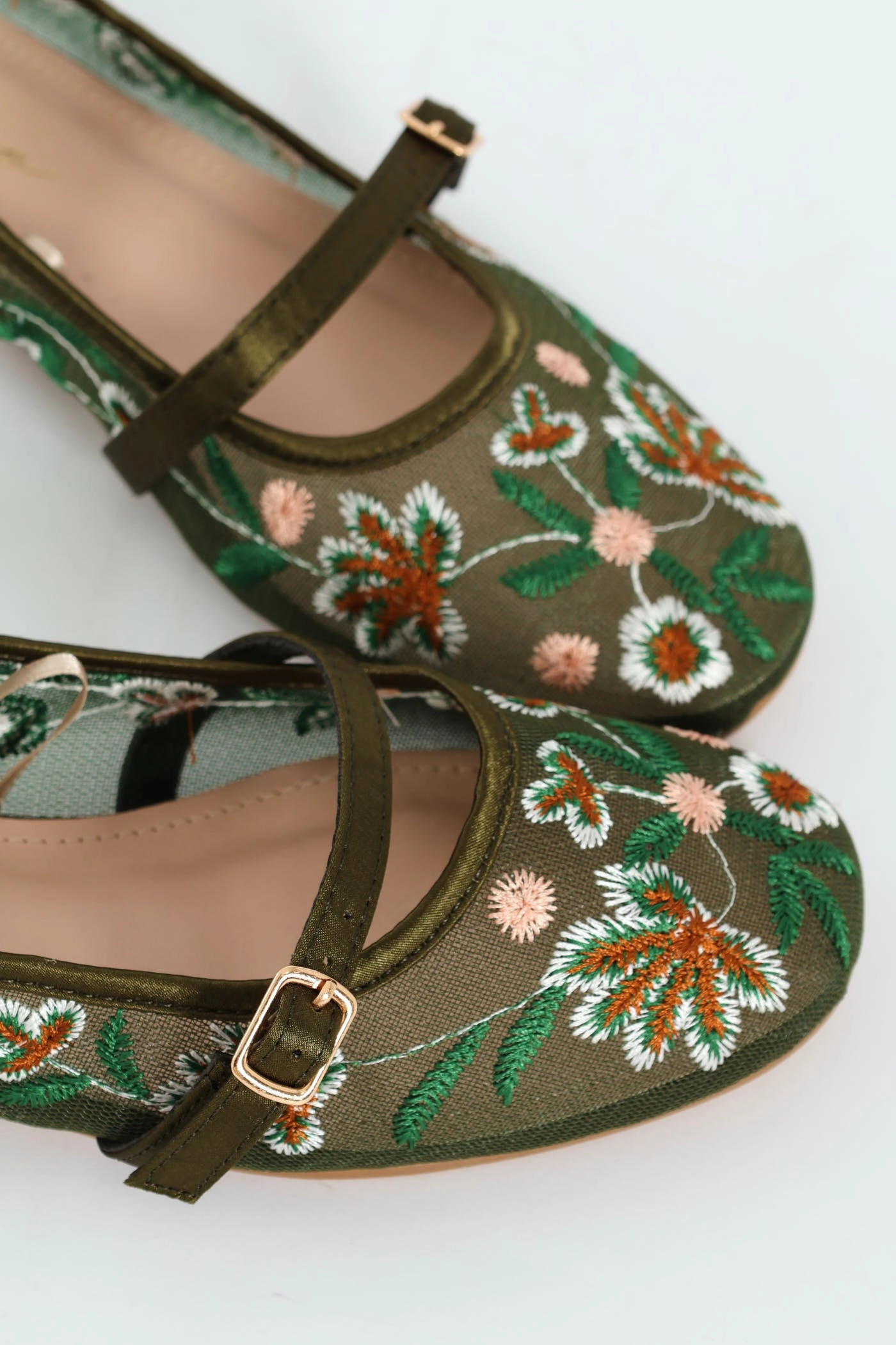 Embroidered Mesh Mary Jane Pump - Olive