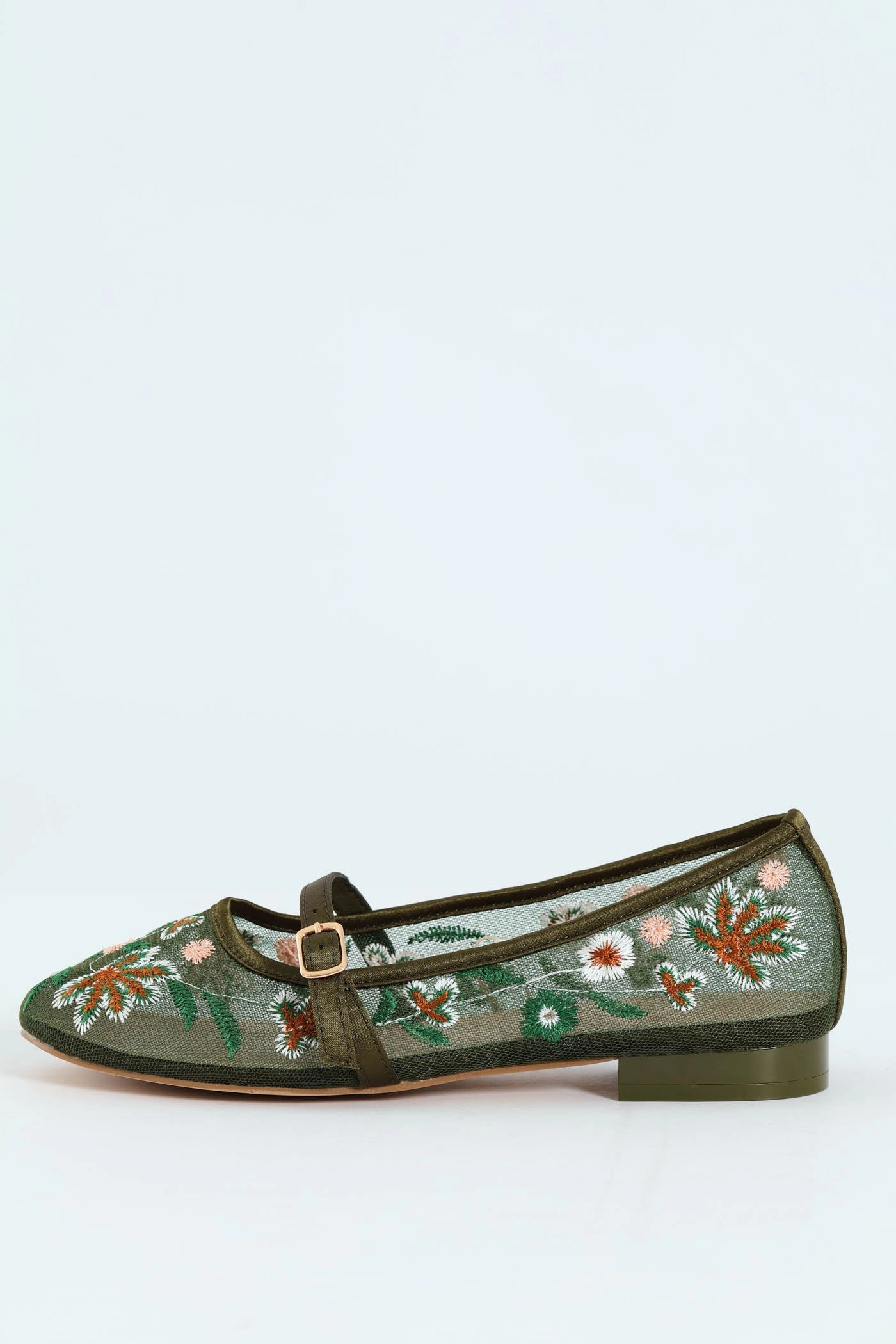 Embroidered Mesh Mary Jane Pump - Olive
