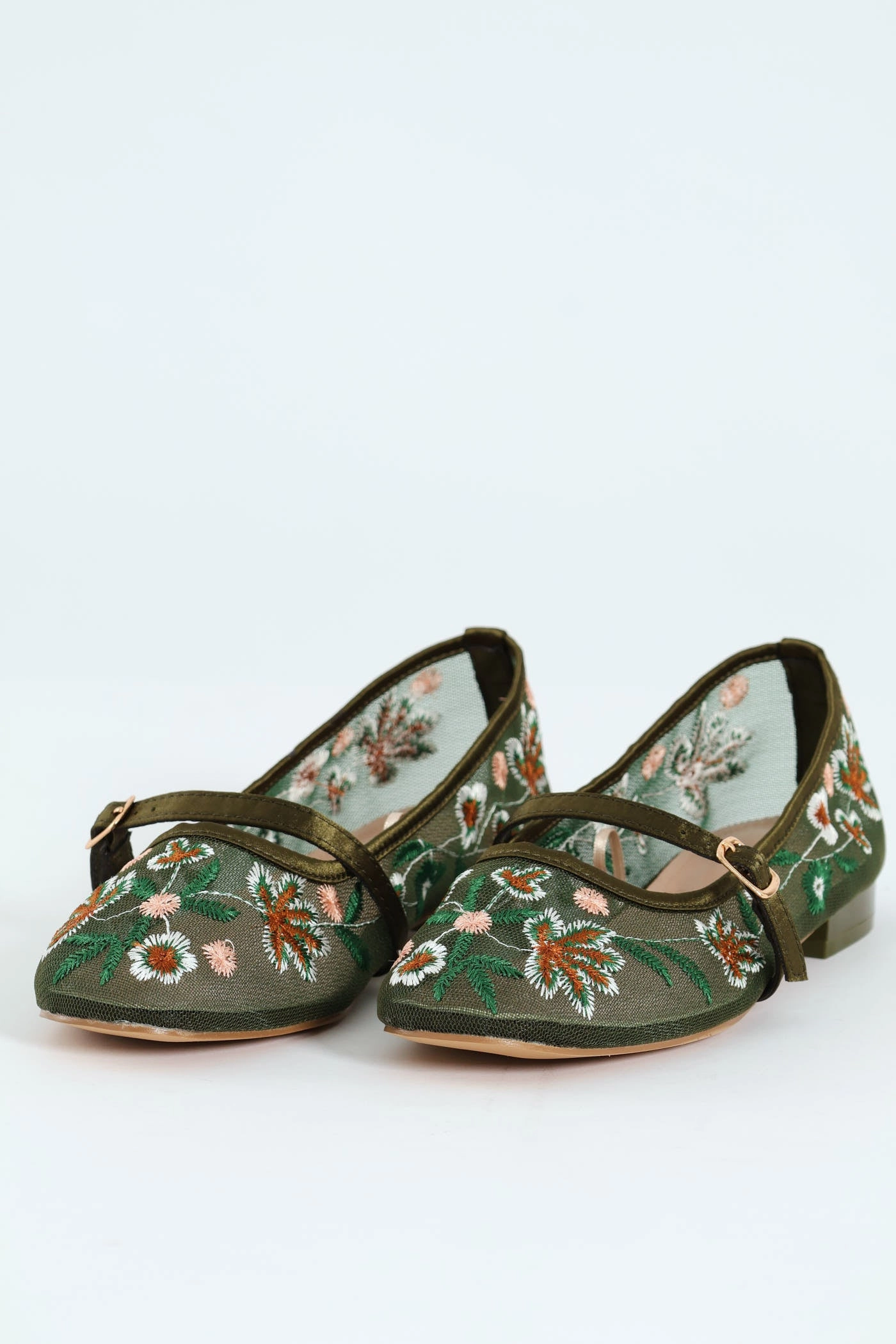 Embroidered Mesh Mary Jane Pump - Olive