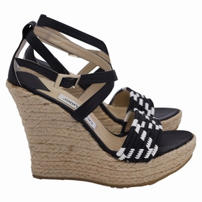 Jimmy Choo Woven Espadrille Wedge Sandals in Black Jute and Leather
