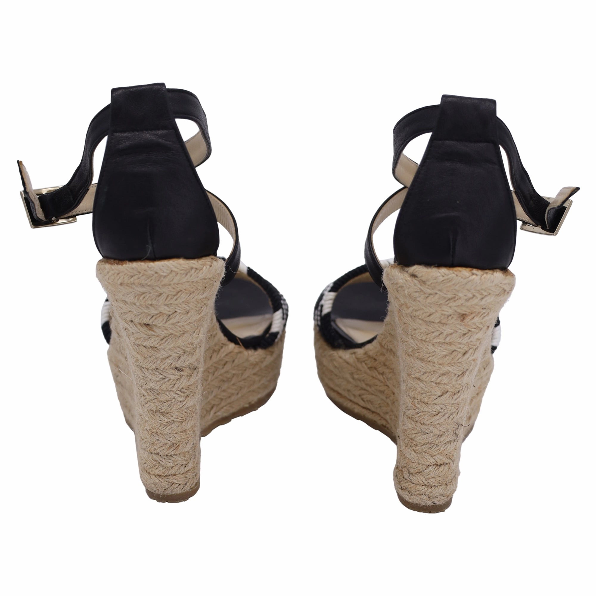 Jimmy Choo Woven Espadrille Wedge Sandals in Black Jute and Leather