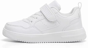 Kids White Athletic Sneakers, Hook and Loop Strap, Lace-up Design, School Uniform Shoes