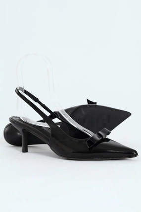 Kitten Slingback Heel With Slim Bow - Black
