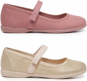 Mary Jane Flats Bundle  Girls' Shoes for School, Weddings and Casual Wear  Canvas Rosewood & Shimmer Gold Size 7 Toddler