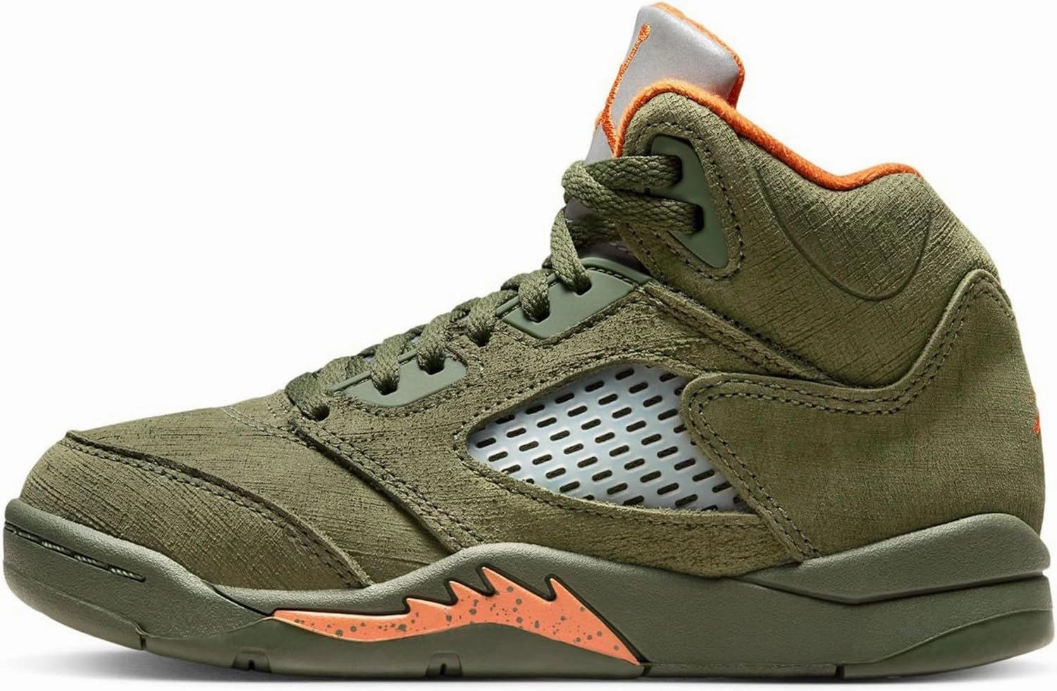 NIKE Preschool Air Jordan 5 Retro 'Olive' Army Olive/Solar Orange (440889 308) PS Little Kids Shoe, White/Gym Red-black