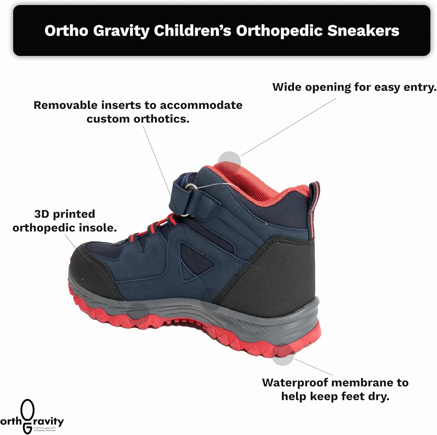 Orthopedic StrideCare 360 Kids High Top Sneakers, Wide Opening, Removable Inserts