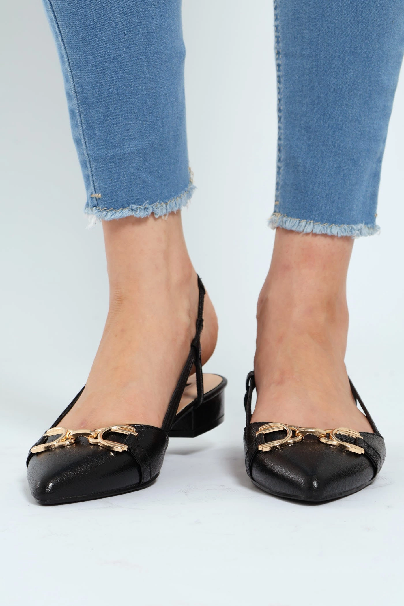 Pointy Slingback Low Block Heel With Trim - Black