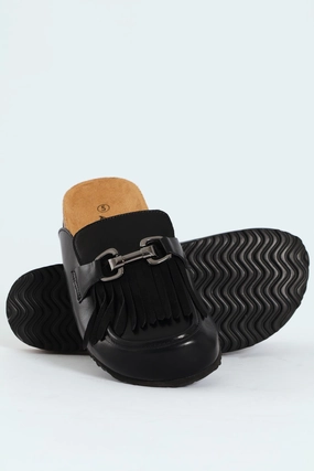 Push In Mule With Tassle Apron Detail - Black