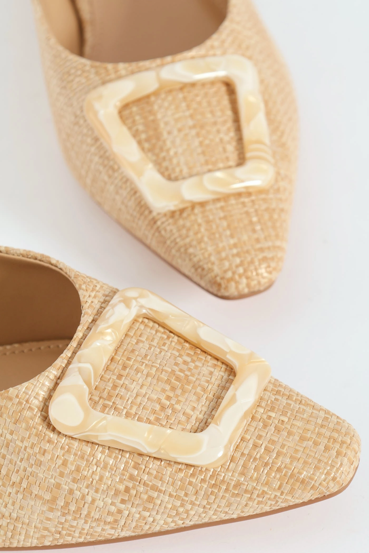 Raffia Sqaured Pointed Toe Mule With Marble Trim - Natural
