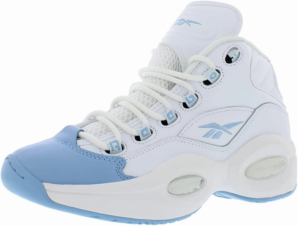Reebok Question Mid GS Boys Shoes Size 7, Color: Cloud White/Fluid Blue/Toxic Yellow-White